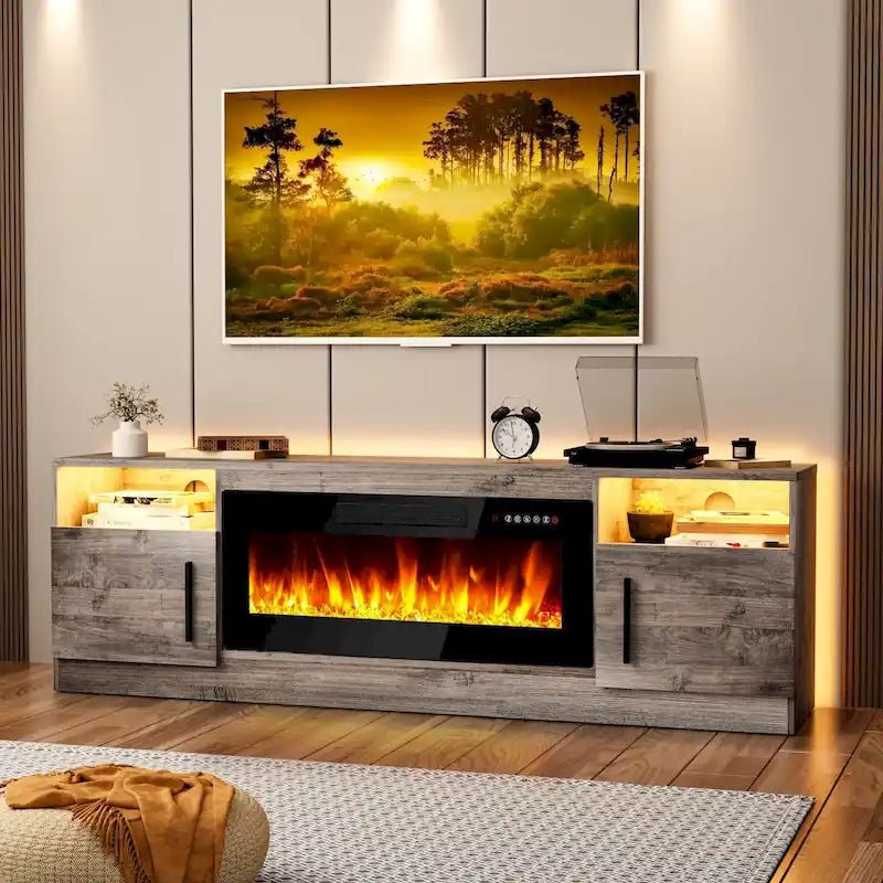 Meuble TV cheminée de 70 po avec cheminée électrique de 36 po, meuble TV pour téléviseurs jusqu'à 80 po, lumières LED 16 couleurs/centre de divertissement