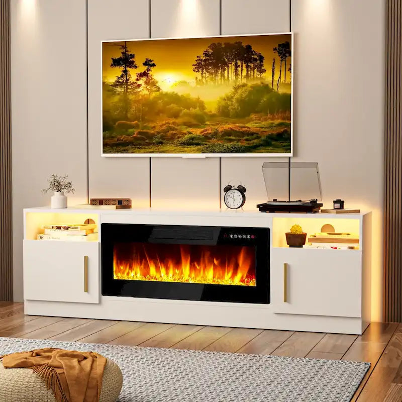 Meuble TV cheminée de 70 po avec cheminée électrique de 36 po, meuble TV pour téléviseurs jusqu'à 80 po, lumières LED 16 couleurs/centre de divertissement