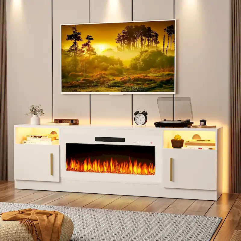 Meuble TV cheminée de 70 po avec cheminée électrique de 36 po, meuble TV pour téléviseurs jusqu'à 80 po, lumières LED 16 couleurs/centre de divertissement