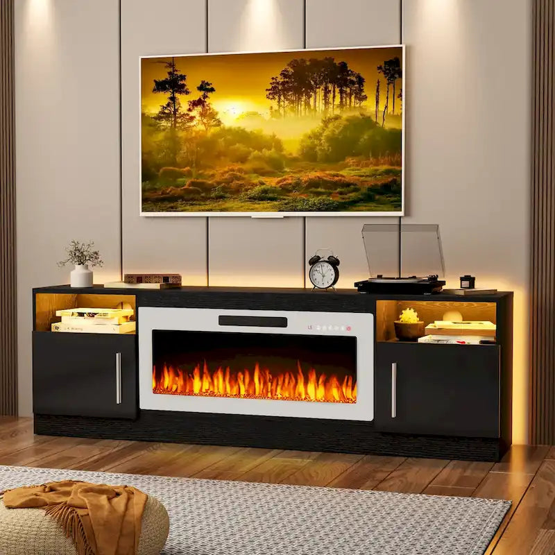 Meuble TV cheminée de 70 po avec cheminée électrique de 36 po, meuble TV pour téléviseurs jusqu'à 80 po, lumières LED 16 couleurs/centre de divertissement