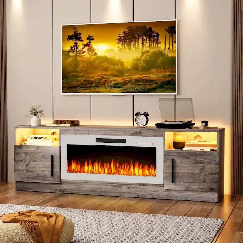 Meuble TV cheminée de 70 po avec cheminée électrique de 36 po, meuble TV pour téléviseurs jusqu'à 80 po, lumières LED 16 couleurs/centre de divertissement