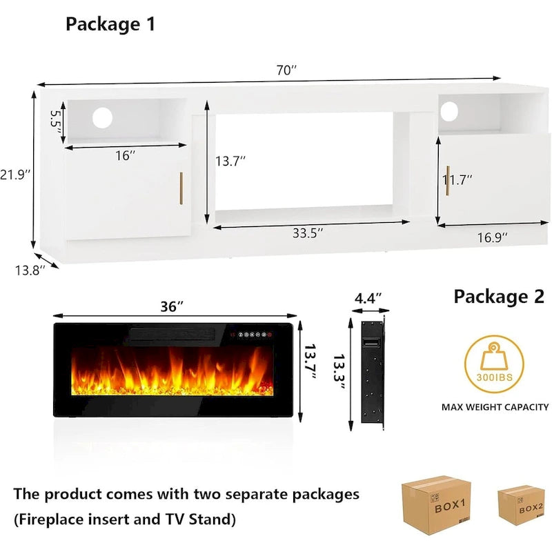 Meuble TV cheminée de 70 po avec cheminée électrique de 36 po, meuble TV pour téléviseurs jusqu'à 80 po, lumières LED 16 couleurs/centre de divertissement