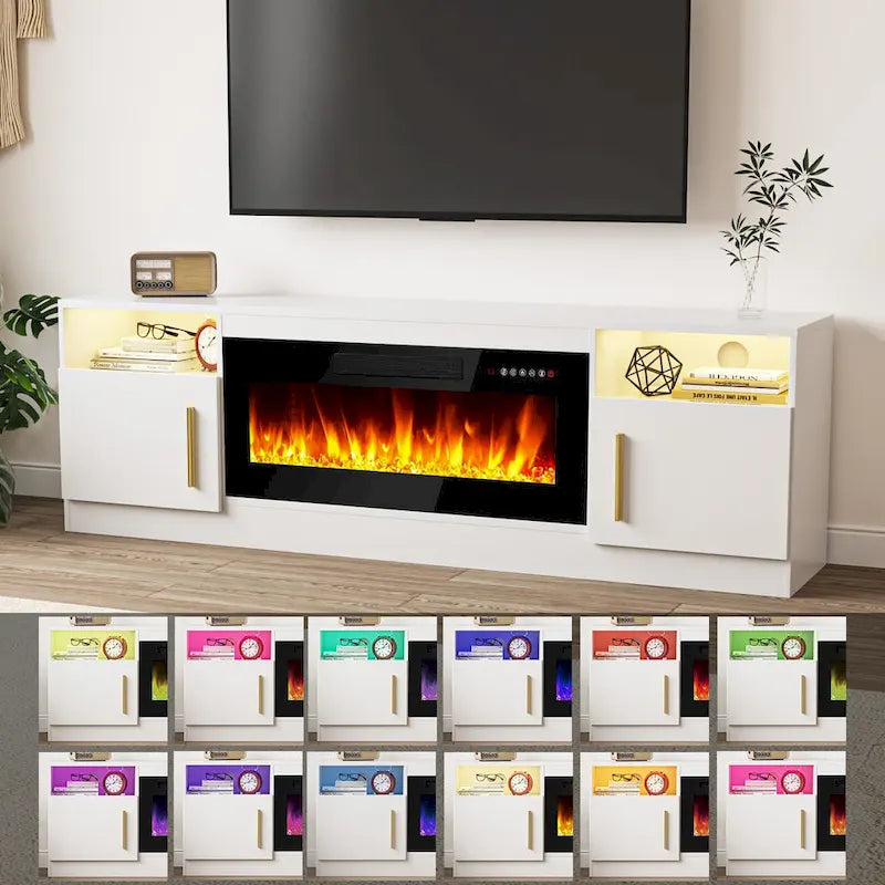 Meuble TV cheminée de 70 po avec cheminée électrique de 36 po, meuble TV pour téléviseurs jusqu'à 80 po, lumières LED 16 couleurs/centre de divertissement