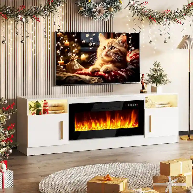 Meuble TV cheminée de 70 po avec cheminée électrique de 36 po, meuble TV pour téléviseurs jusqu'à 80 po, lumières LED 16 couleurs/centre de divertissement