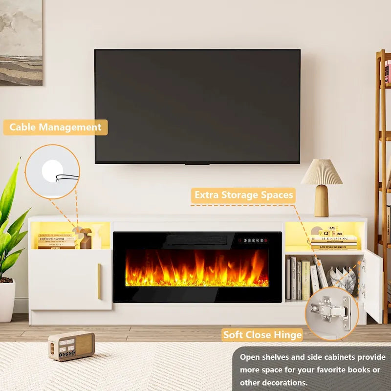Meuble TV cheminée de 70 po avec cheminée électrique de 36 po, meuble TV pour téléviseurs jusqu'à 80 po, lumières LED 16 couleurs/centre de divertissement