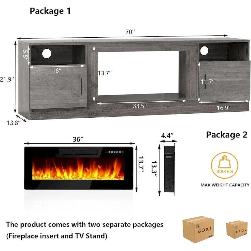 Meuble TV cheminée de 70 po avec cheminée électrique de 36 po, meuble TV pour téléviseurs jusqu'à 80 po, lumières LED 16 couleurs/centre de divertissement