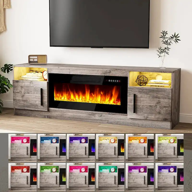 Meuble TV cheminée de 70 po avec cheminée électrique de 36 po, meuble TV pour téléviseurs jusqu'à 80 po, lumières LED 16 couleurs/centre de divertissement