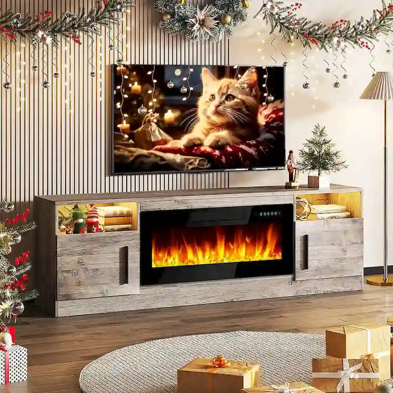 Meuble TV cheminée de 70 po avec cheminée électrique de 36 po, meuble TV pour téléviseurs jusqu'à 80 po, lumières LED 16 couleurs/centre de divertissement