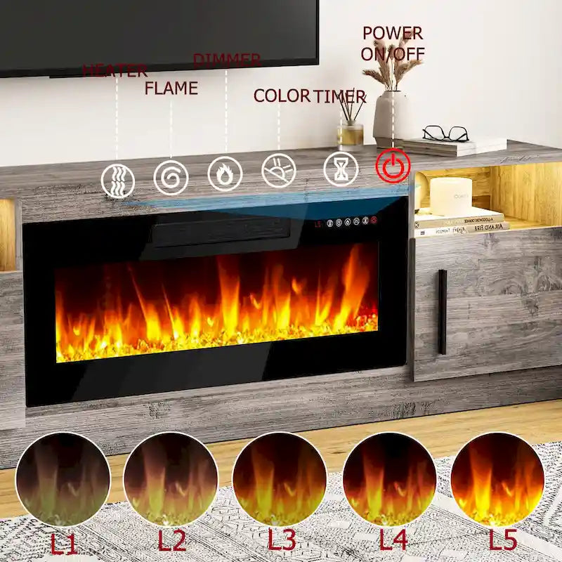 Meuble TV cheminée de 70 po avec cheminée électrique de 36 po, meuble TV pour téléviseurs jusqu'à 80 po, lumières LED 16 couleurs/centre de divertissement