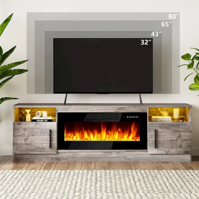 Meuble TV cheminée de 70 po avec cheminée électrique de 36 po, meuble TV pour téléviseurs jusqu'à 80 po, lumières LED 16 couleurs/centre de divertissement