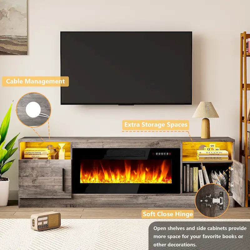 Meuble TV cheminée de 70 po avec cheminée électrique de 36 po, meuble TV pour téléviseurs jusqu'à 80 po, lumières LED 16 couleurs/centre de divertissement