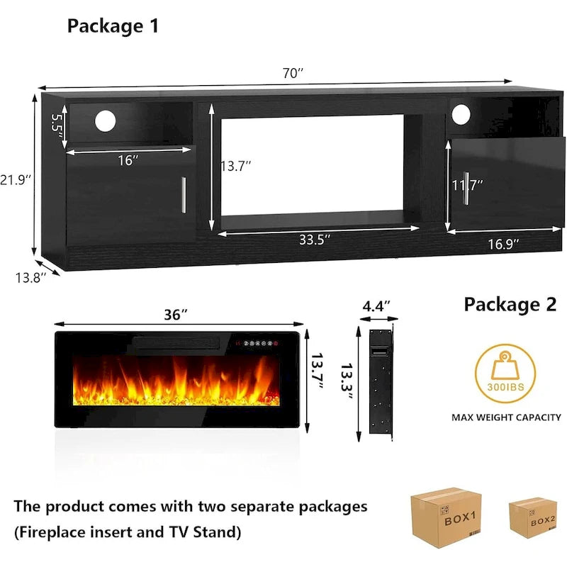 Meuble TV cheminée de 70 po avec cheminée électrique de 36 po, meuble TV pour téléviseurs jusqu'à 80 po, lumières LED 16 couleurs/centre de divertissement