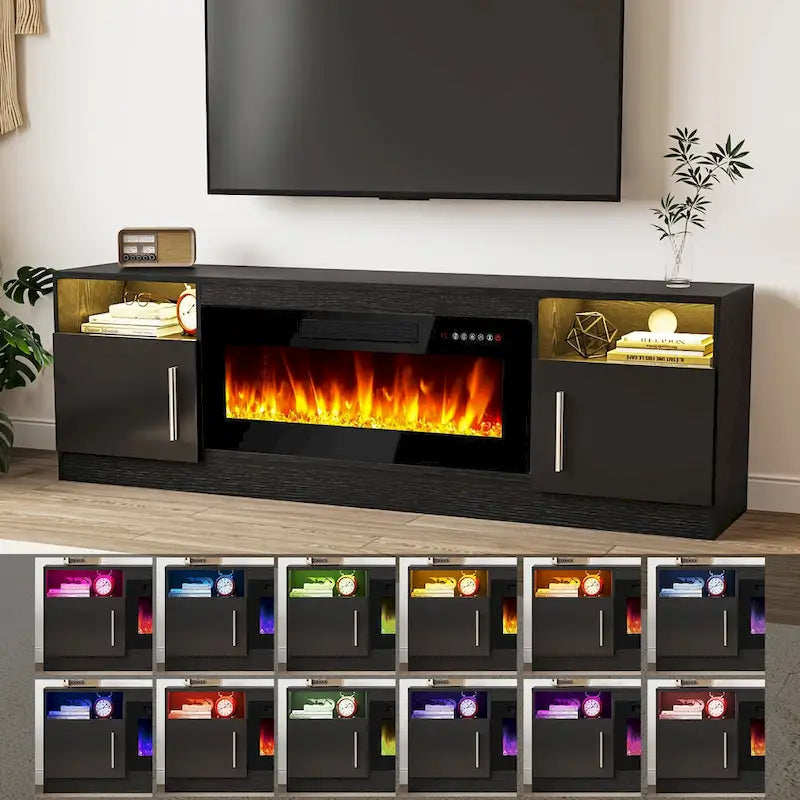 Meuble TV cheminée de 70 po avec cheminée électrique de 36 po, meuble TV pour téléviseurs jusqu'à 80 po, lumières LED 16 couleurs/centre de divertissement