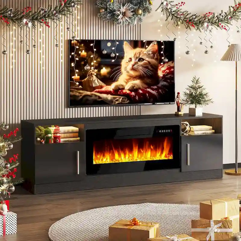 Meuble TV cheminée de 70 po avec cheminée électrique de 36 po, meuble TV pour téléviseurs jusqu'à 80 po, lumières LED 16 couleurs/centre de divertissement