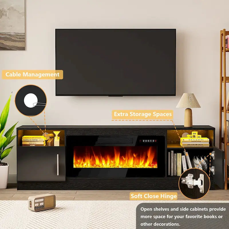 Meuble TV cheminée de 70 po avec cheminée électrique de 36 po, meuble TV pour téléviseurs jusqu'à 80 po, lumières LED 16 couleurs/centre de divertissement