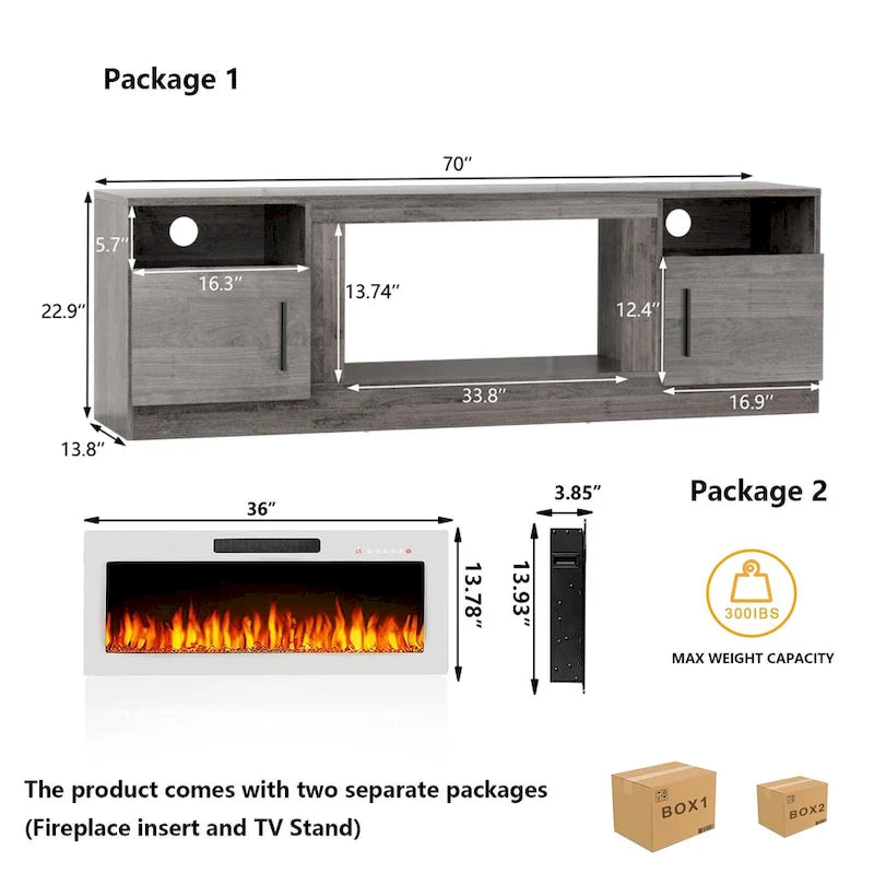 Meuble TV cheminée de 70 po avec cheminée électrique de 36 po, meuble TV pour téléviseurs jusqu'à 80 po, lumières LED 16 couleurs/centre de divertissement
