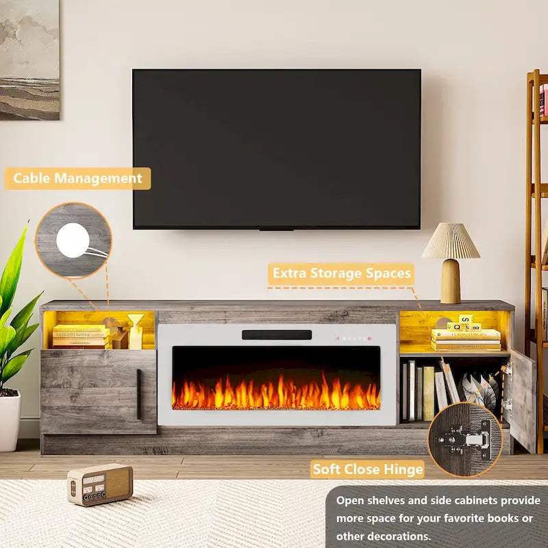Meuble TV cheminée de 70 po avec cheminée électrique de 36 po, meuble TV pour téléviseurs jusqu'à 80 po, lumières LED 16 couleurs/centre de divertissement