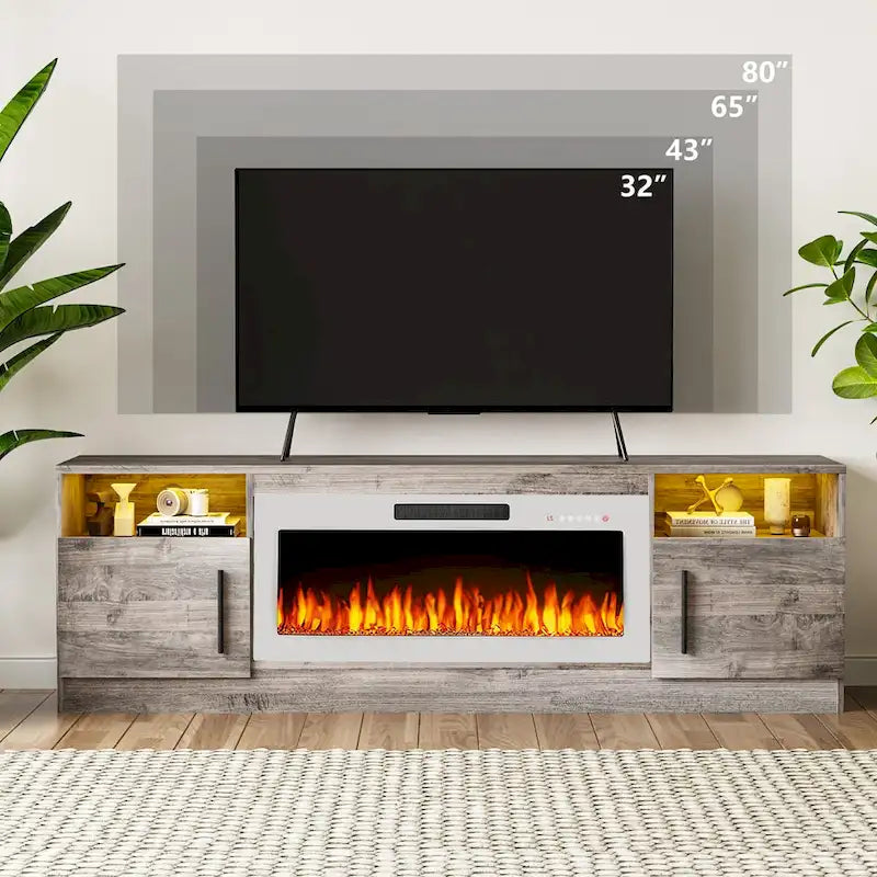 Meuble TV cheminée de 70 po avec cheminée électrique de 36 po, meuble TV pour téléviseurs jusqu'à 80 po, lumières LED 16 couleurs/centre de divertissement