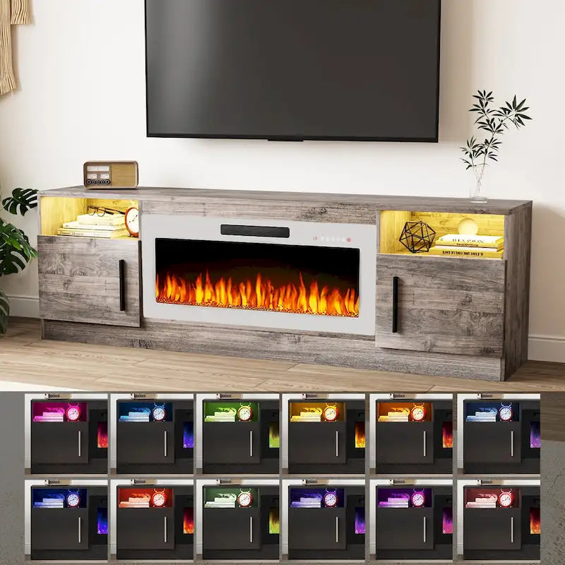 Meuble TV cheminée de 70 po avec cheminée électrique de 36 po, meuble TV pour téléviseurs jusqu'à 80 po, lumières LED 16 couleurs/centre de divertissement