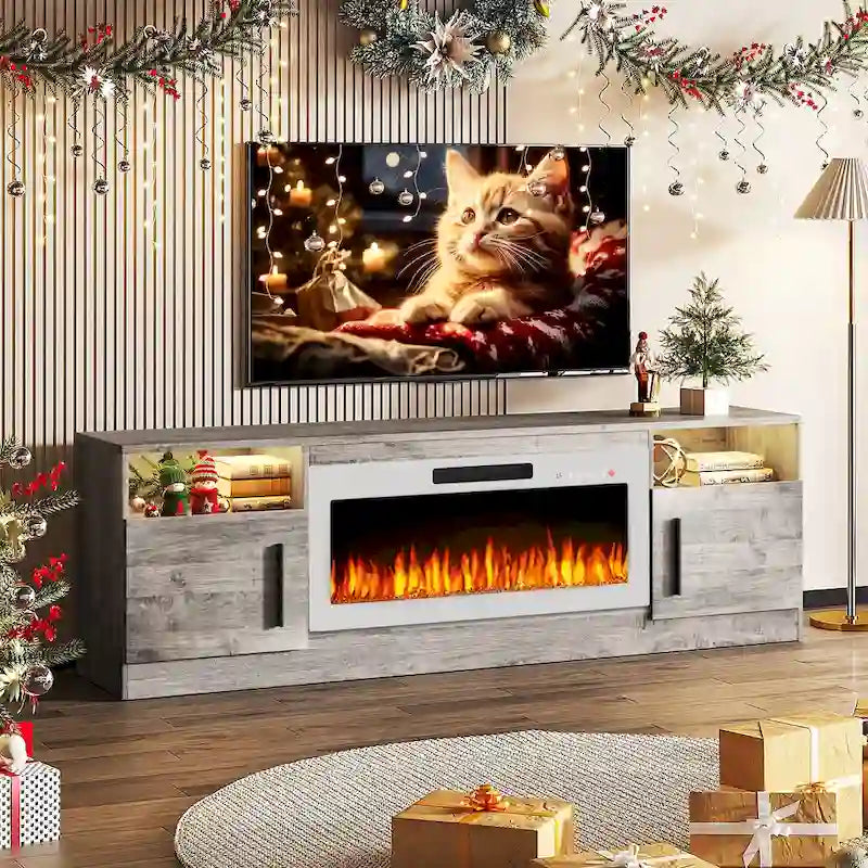 Meuble TV cheminée de 70 po avec cheminée électrique de 36 po, meuble TV pour téléviseurs jusqu'à 80 po, lumières LED 16 couleurs/centre de divertissement
