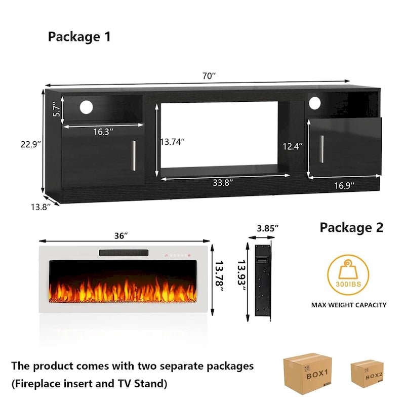 Meuble TV cheminée de 70 po avec cheminée électrique de 36 po, meuble TV pour téléviseurs jusqu'à 80 po, lumières LED 16 couleurs/centre de divertissement