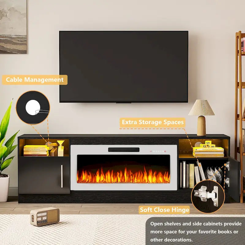 Meuble TV cheminée de 70 po avec cheminée électrique de 36 po, meuble TV pour téléviseurs jusqu'à 80 po, lumières LED 16 couleurs/centre de divertissement