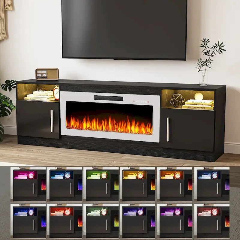 Meuble TV cheminée de 70 po avec cheminée électrique de 36 po, meuble TV pour téléviseurs jusqu'à 80 po, lumières LED 16 couleurs/centre de divertissement