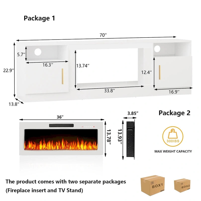 Meuble TV cheminée de 70 po avec cheminée électrique de 36 po, meuble TV pour téléviseurs jusqu'à 80 po, lumières LED 16 couleurs/centre de divertissement