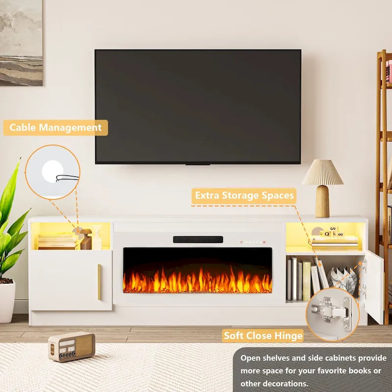 Meuble TV cheminée de 70 po avec cheminée électrique de 36 po, meuble TV pour téléviseurs jusqu'à 80 po, lumières LED 16 couleurs/centre de divertissement