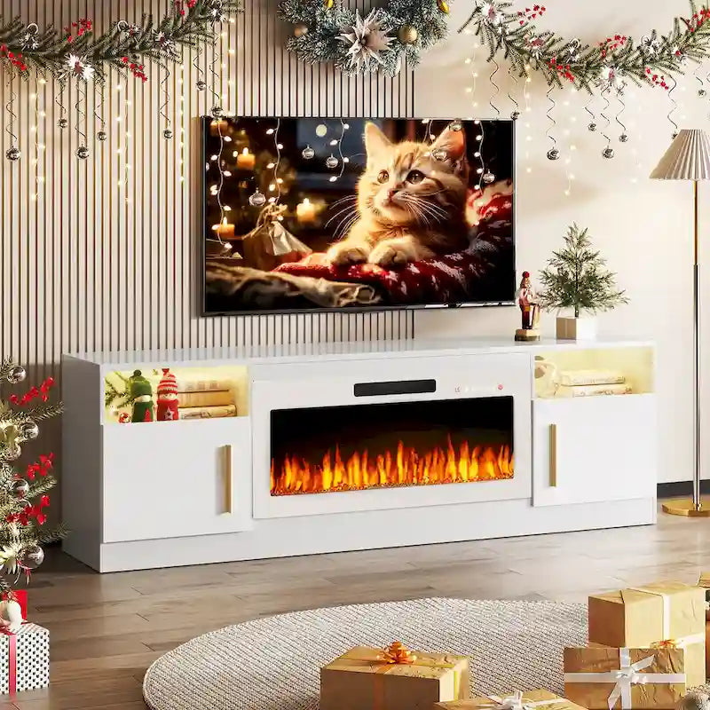 Meuble TV cheminée de 70 po avec cheminée électrique de 36 po, meuble TV pour téléviseurs jusqu'à 80 po, lumières LED 16 couleurs/centre de divertissement