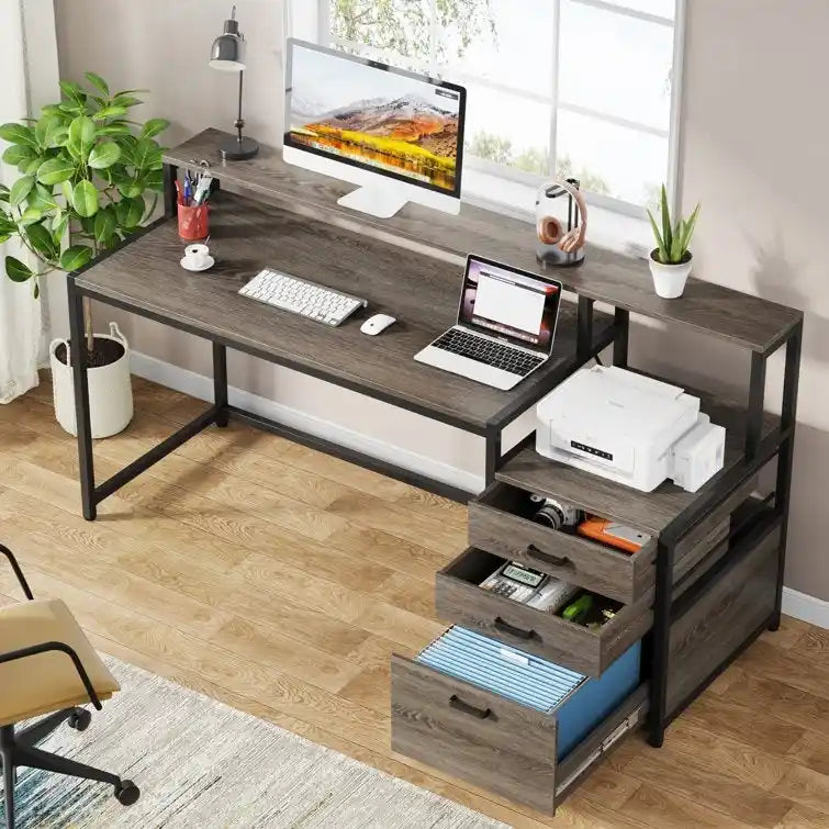Bureau d'ordinateur de 63 pouces avec support d'écran, bureaux ergonomiques pour la maison avec tiroirs et classeur