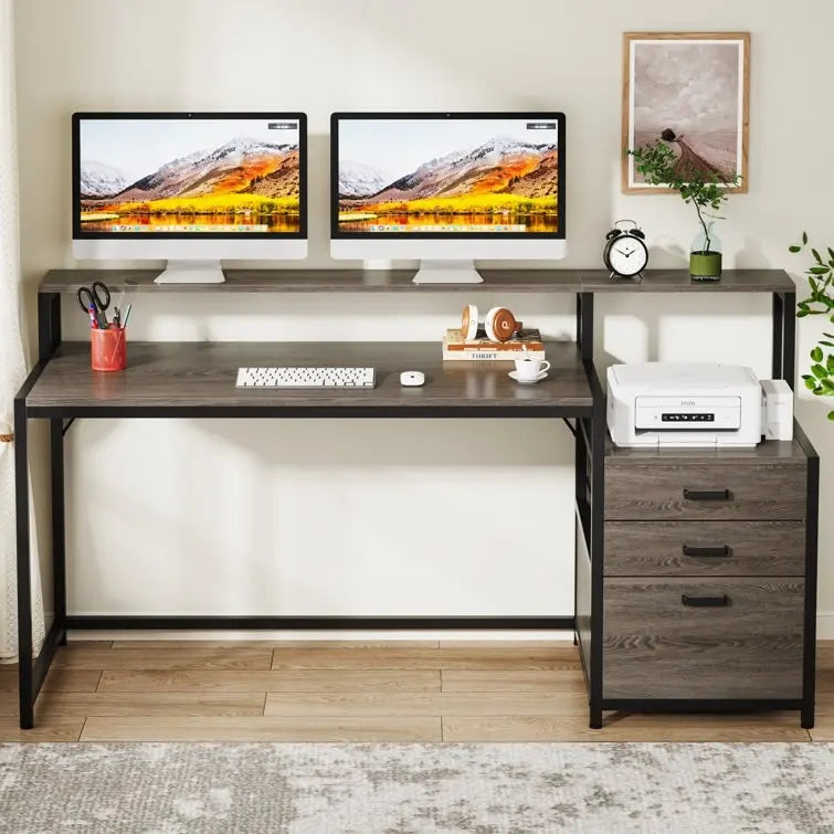 Bureau d'ordinateur de 63 pouces avec support d'écran, bureaux ergonomiques pour la maison avec tiroirs et classeur