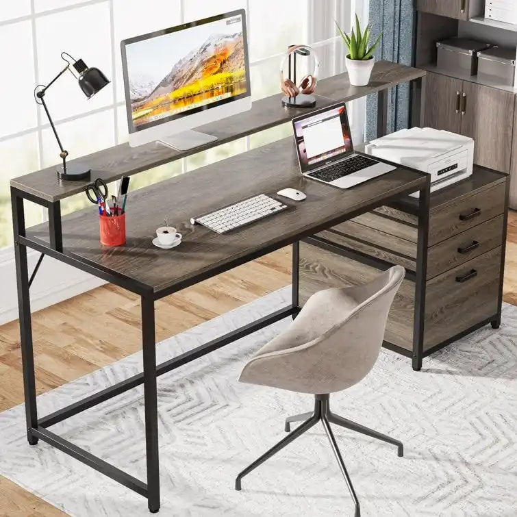 Bureau d'ordinateur de 63 pouces avec support d'écran, bureaux ergonomiques pour la maison avec tiroirs et classeur