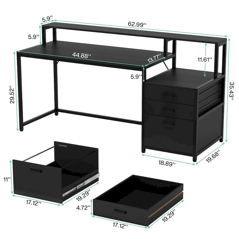 Bureau d'ordinateur de 63 pouces avec support d'écran, bureaux ergonomiques pour la maison avec tiroirs et classeur