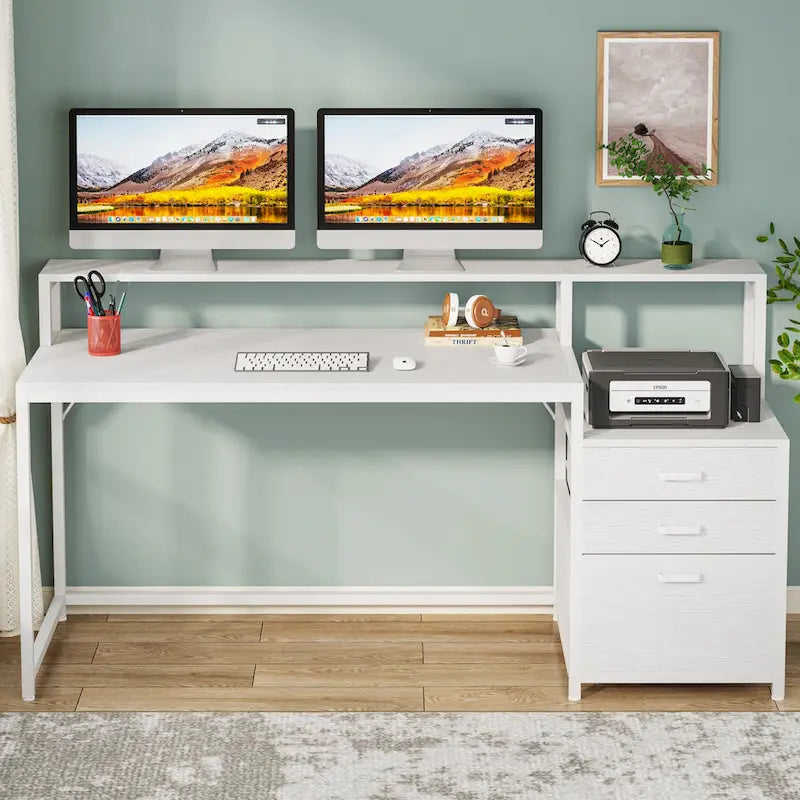 Bureau d'ordinateur de 63 pouces avec support d'écran, bureaux ergonomiques pour la maison avec tiroirs et classeur