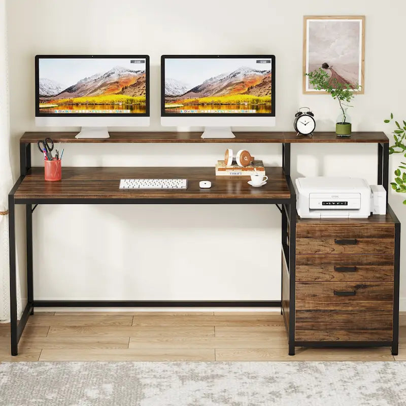 Bureau d'ordinateur de 63 pouces avec support d'écran, bureaux ergonomiques pour la maison avec tiroirs et classeur