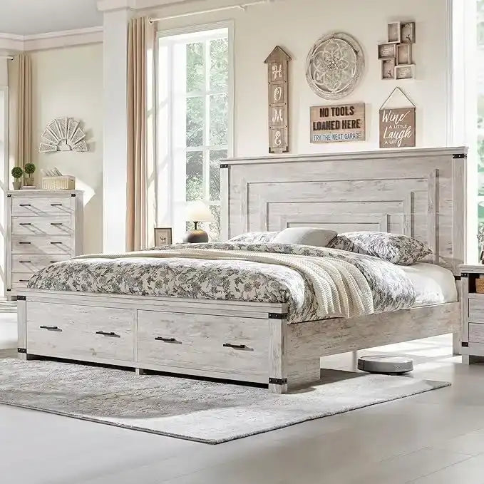 Cadre de lit Queen Size style ferme avec tête de lit de 137 cm et 2 grands tiroirs