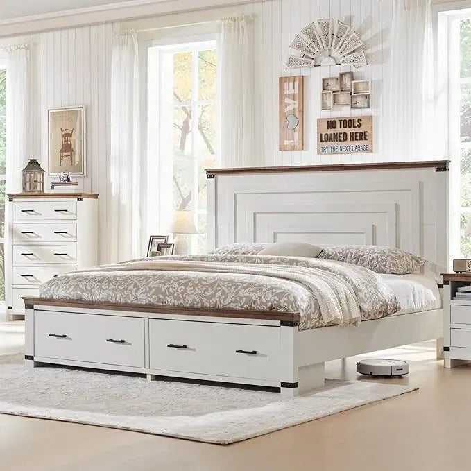 Cadre de lit Queen Size style ferme avec tête de lit de 137 cm et 2 grands tiroirs