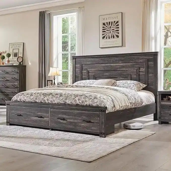 Cadre de lit Queen Size style ferme avec tête de lit de 137 cm et 2 grands tiroirs