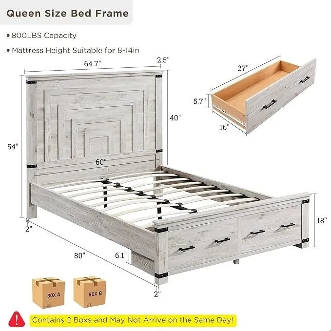 Cadre de lit Queen Size style ferme avec tête de lit de 137 cm et 2 grands tiroirs