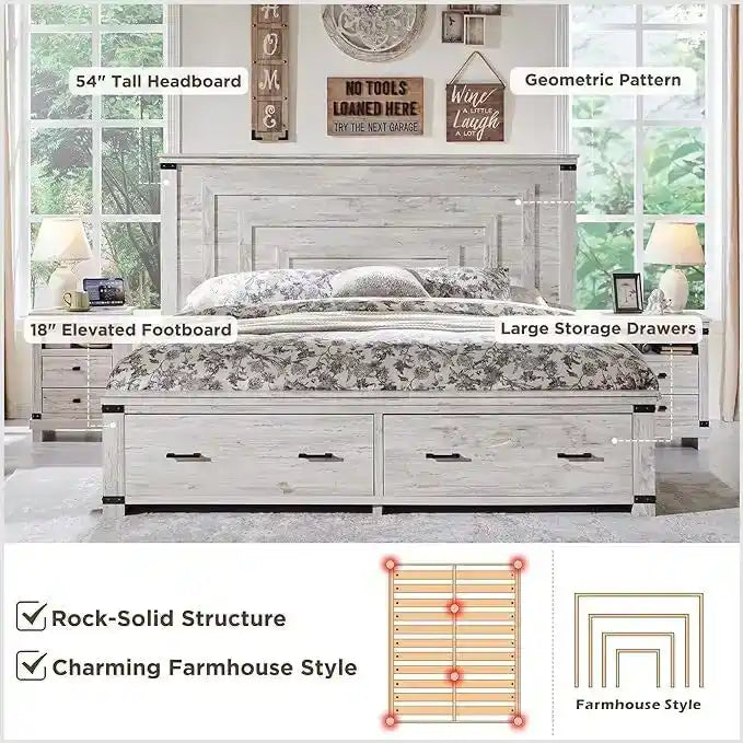 Cadre de lit Queen Size style ferme avec tête de lit de 137 cm et 2 grands tiroirs