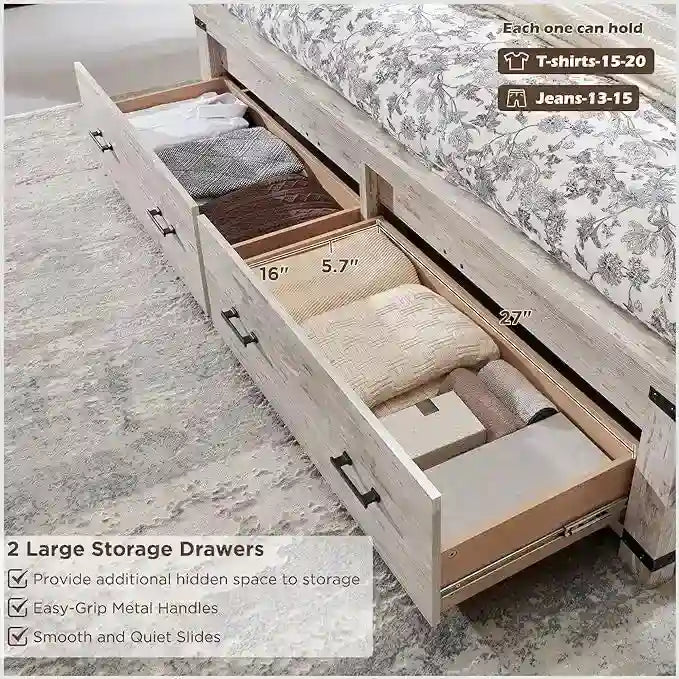 Cadre de lit Queen Size style ferme avec tête de lit de 137 cm et 2 grands tiroirs