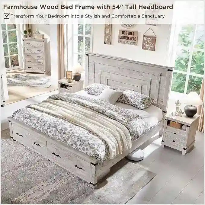 Cadre de lit Queen Size style ferme avec tête de lit de 137 cm et 2 grands tiroirs