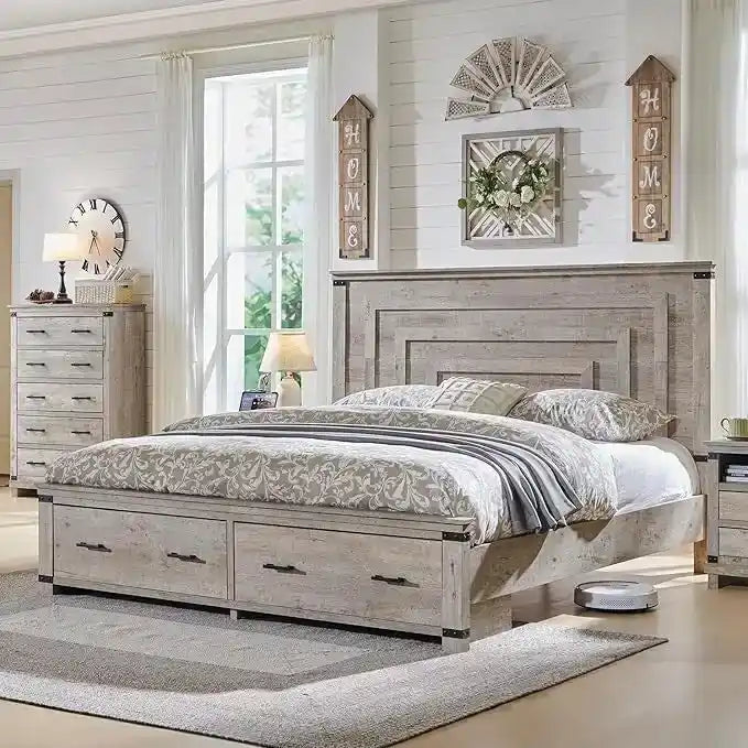 Cadre de lit Queen Size style ferme avec tête de lit de 137 cm et 2 grands tiroirs