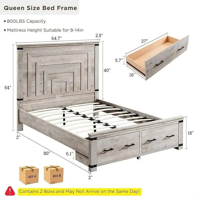 Cadre de lit Queen Size style ferme avec tête de lit de 137 cm et 2 grands tiroirs