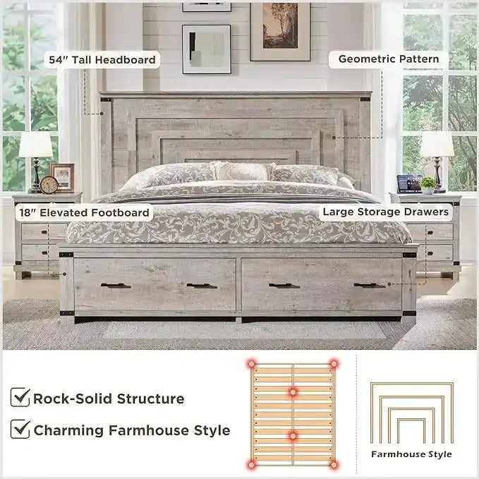 Cadre de lit Queen Size style ferme avec tête de lit de 137 cm et 2 grands tiroirs