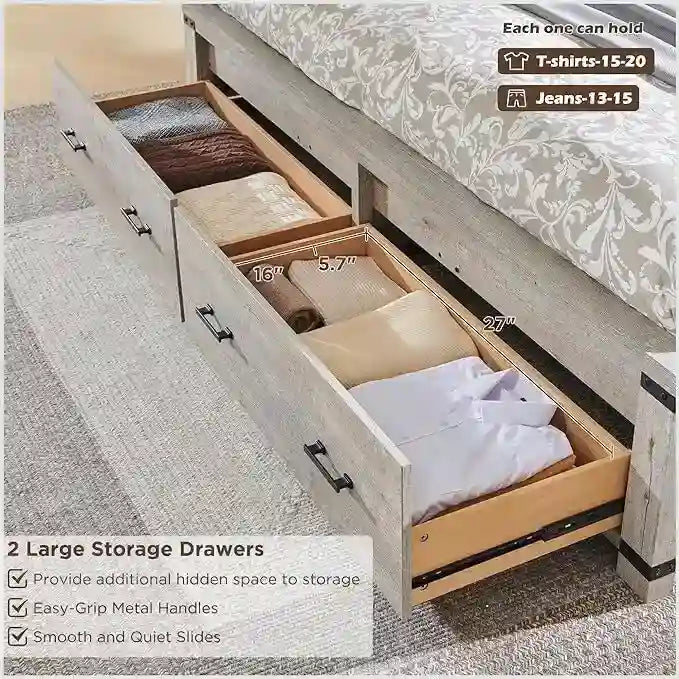 Cadre de lit Queen Size style ferme avec tête de lit de 137 cm et 2 grands tiroirs