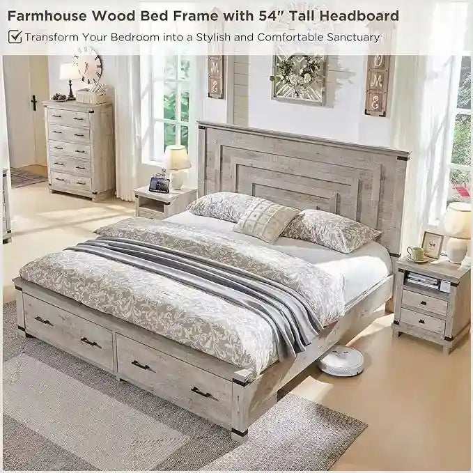 Cadre de lit Queen Size style ferme avec tête de lit de 137 cm et 2 grands tiroirs