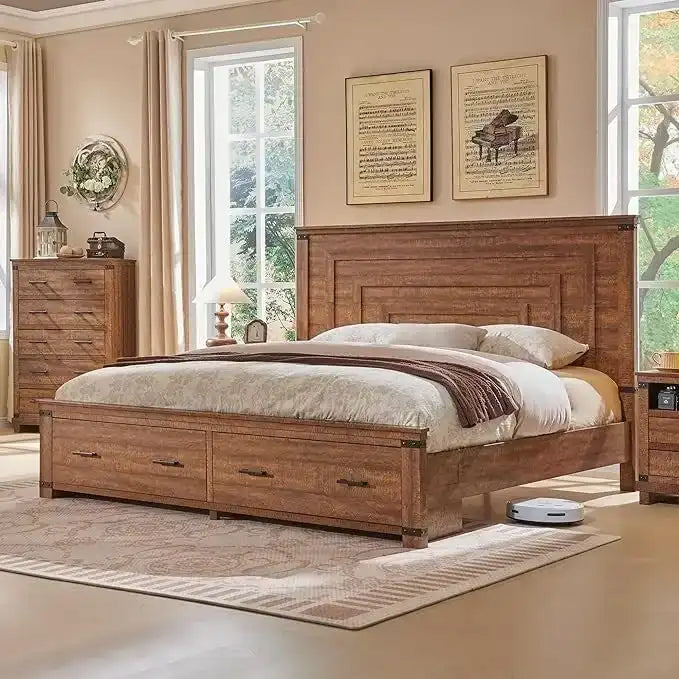 Cadre de lit Queen Size style ferme avec tête de lit de 137 cm et 2 grands tiroirs