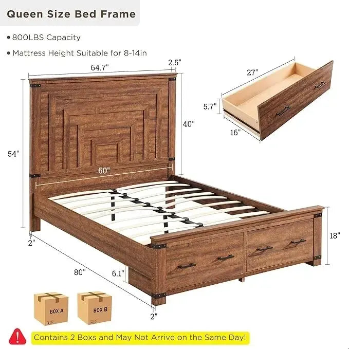 Cadre de lit Queen Size style ferme avec tête de lit de 137 cm et 2 grands tiroirs